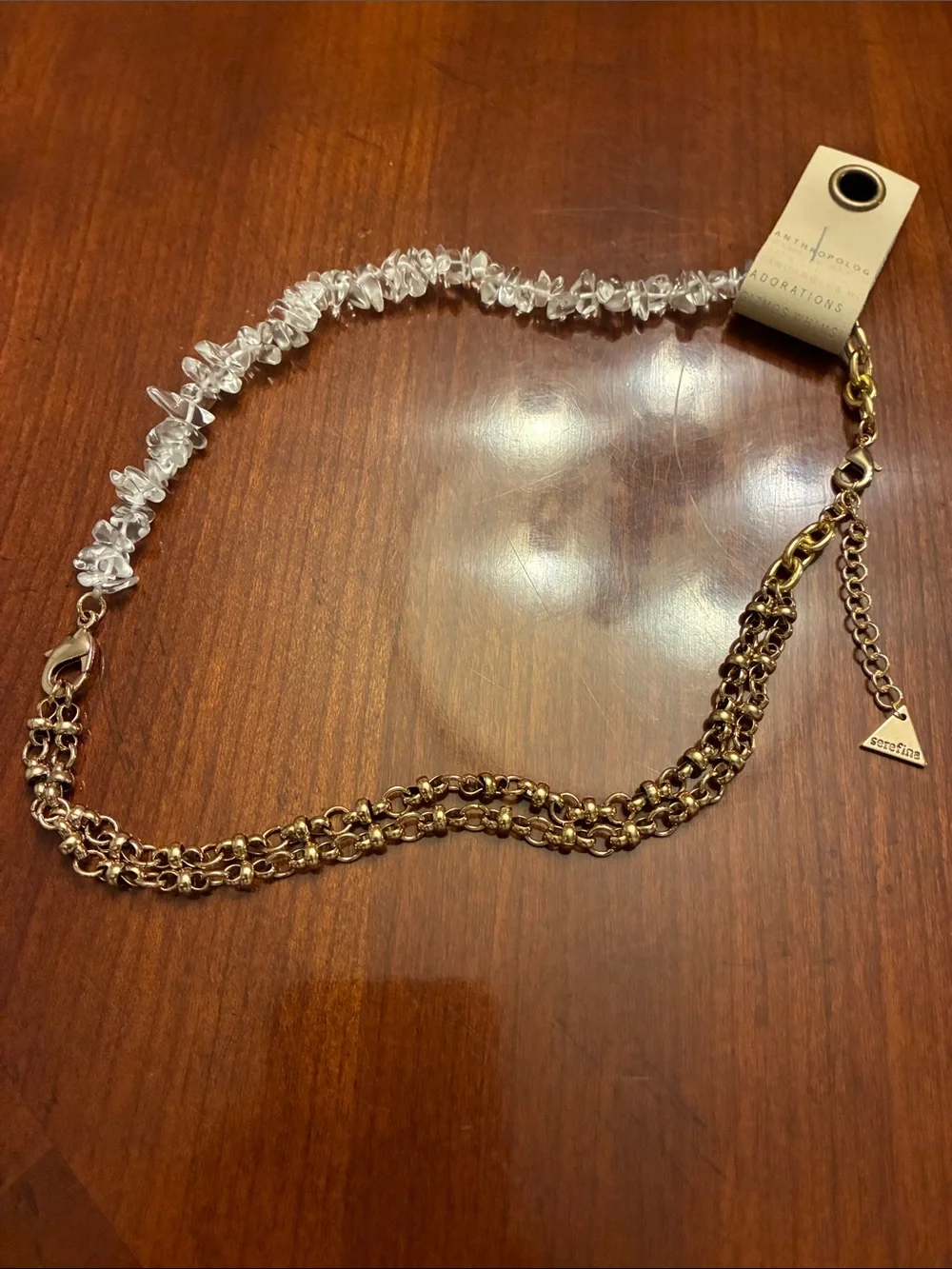 ANTHROPOLOGIE Clear Crystal Rock & Gold Chain Necklace. 14K  Gold Plated. NWT